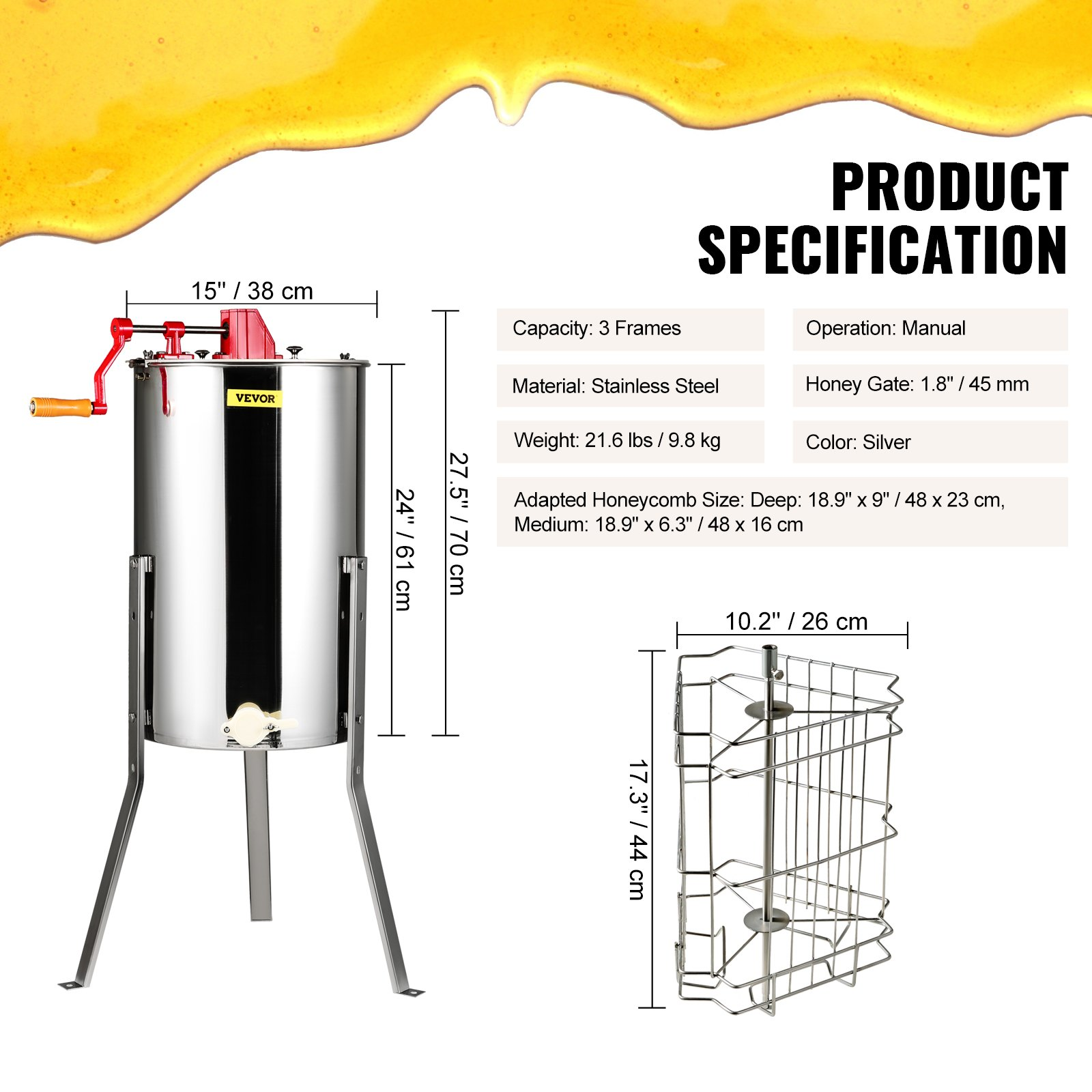 Extractor de miel manual, extractor de miel de 3 cuadros | VEVOR