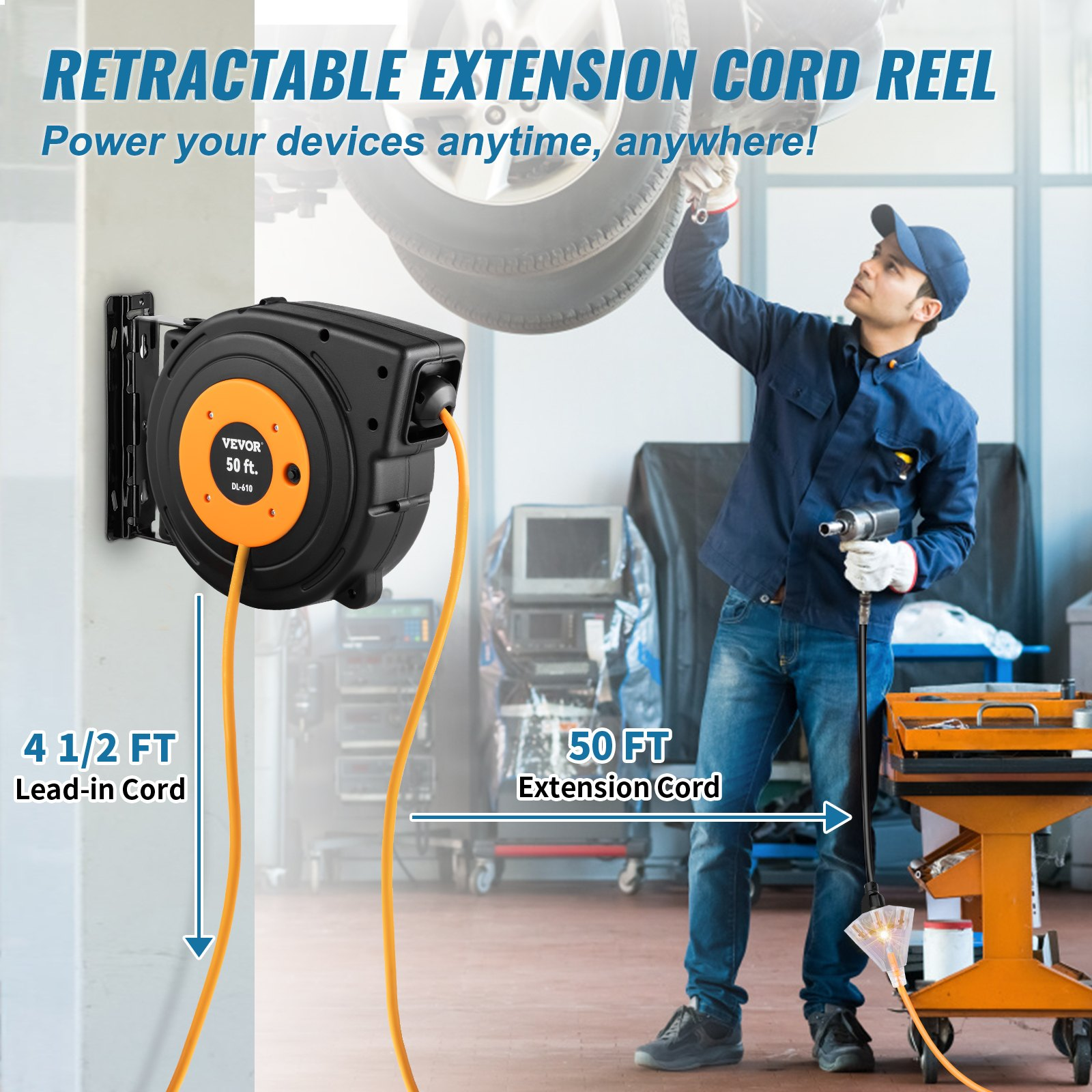 Carrete de cable de extensión retráctil de 15 m | VEVOR