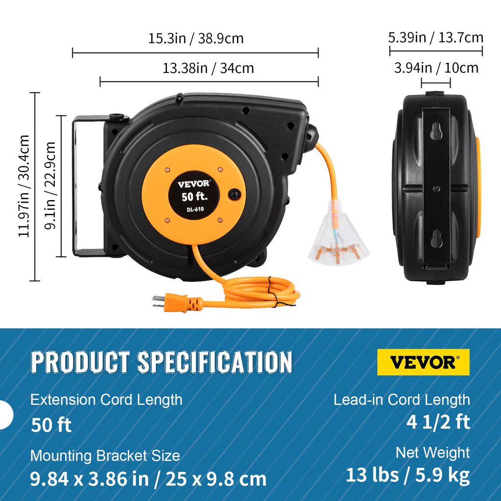 Carrete de cable de extensión retráctil de 15 m | VEVOR