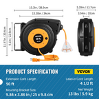 Carrete de cable de extensión retráctil de 15 m | VEVOR