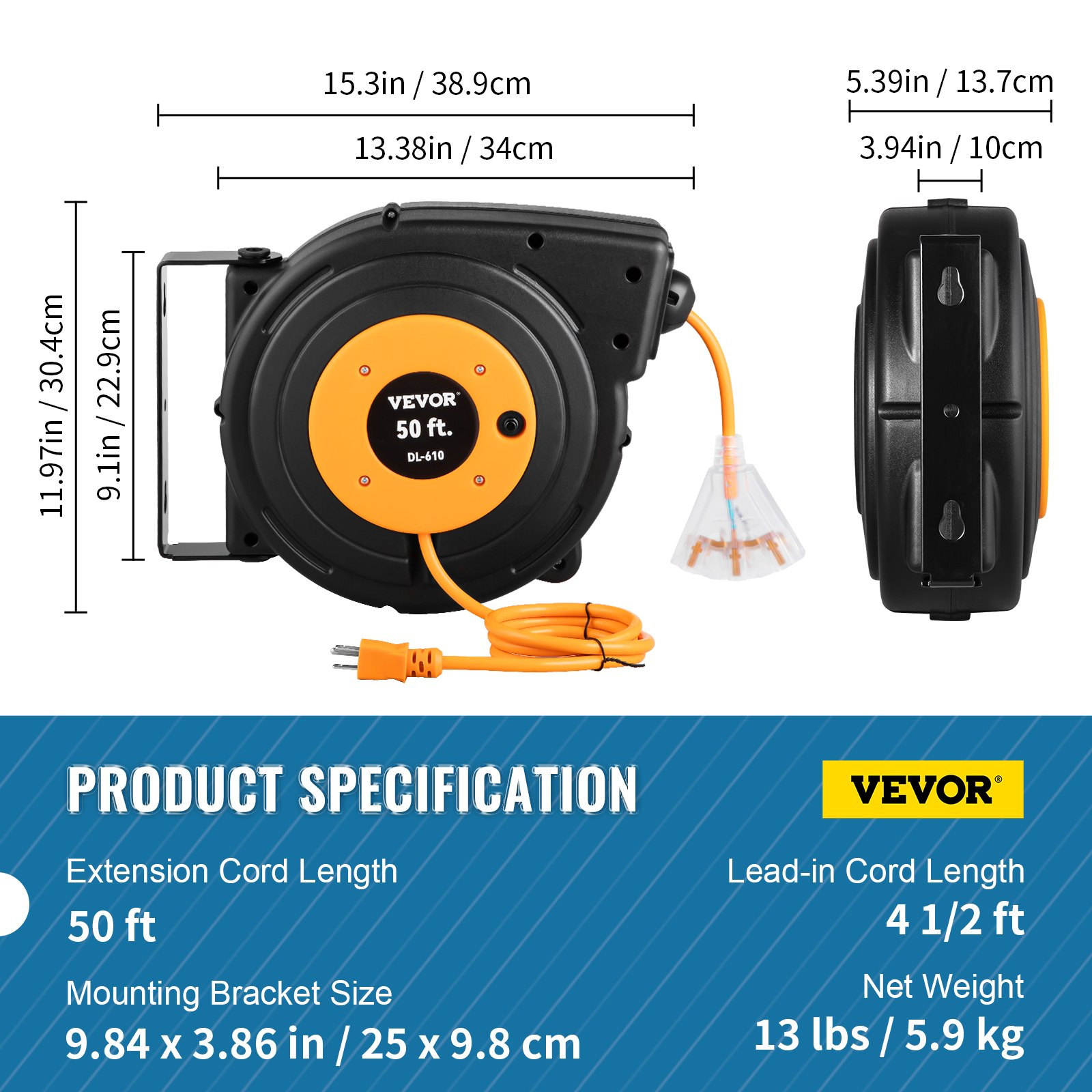 Carrete de cable de extensión retráctil de 15 m | VEVOR