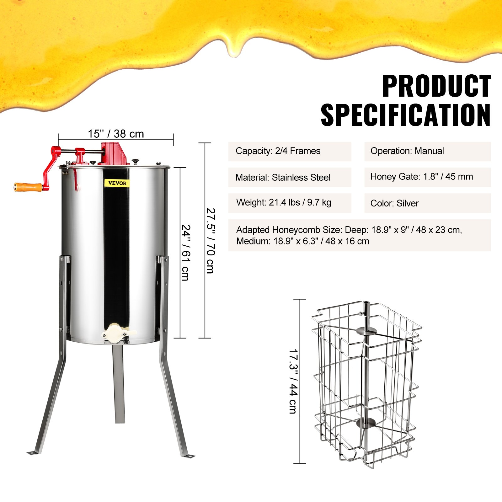 Extractor de miel manual centrifugadora de miel de 2/4 | VEVOR
