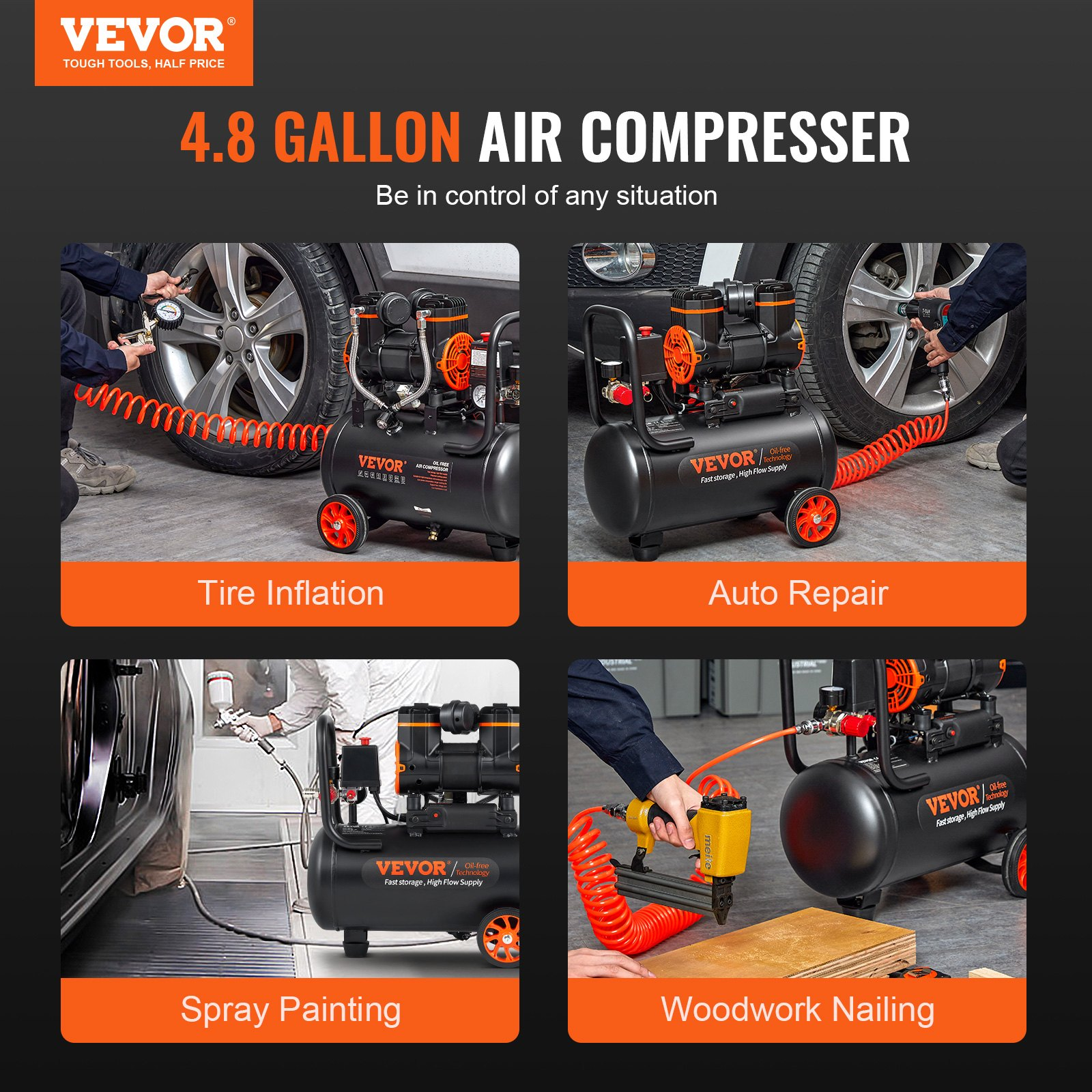 Compresor de aire de 4.8 galones, 1.2 HP, 2.2 CFM a 90 PSI | VEVOR