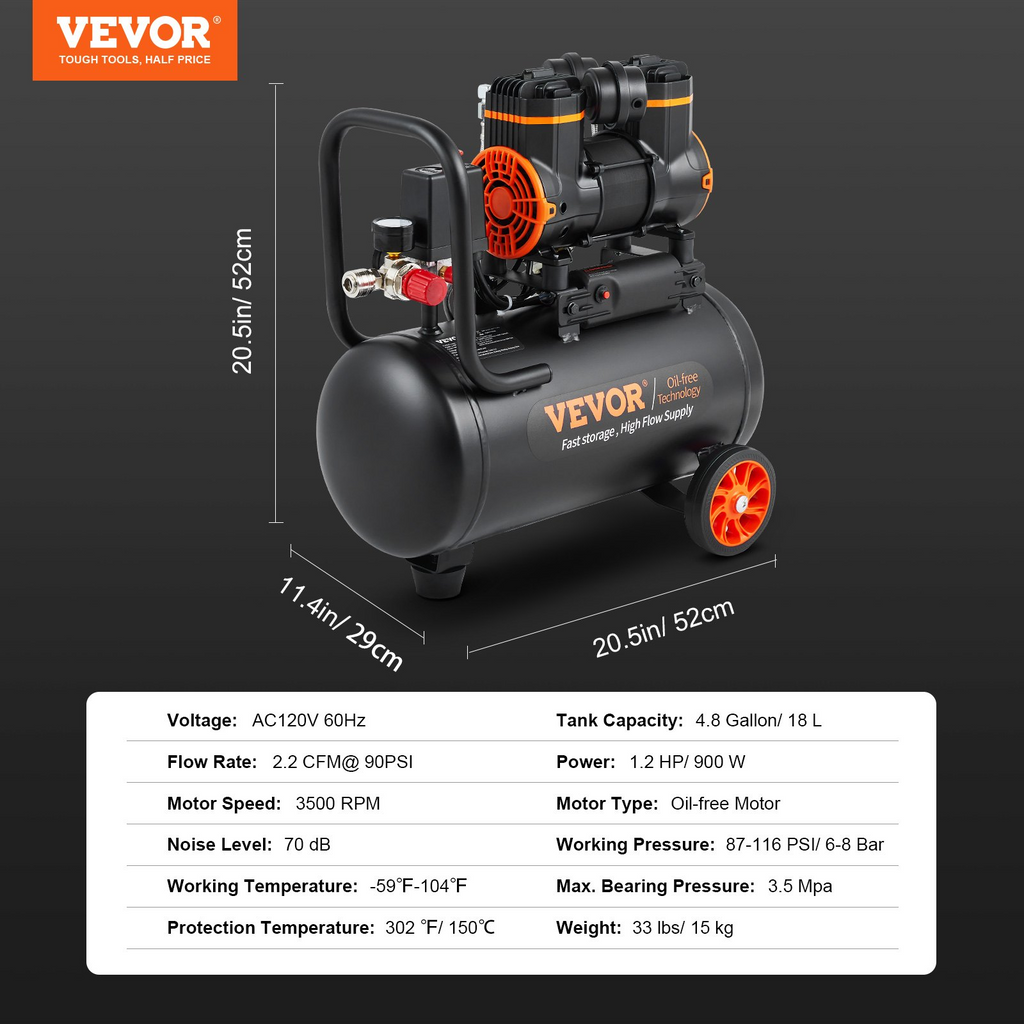 Compresor de aire de 4.8 galones, 1.2 HP, 2.2 CFM a 90 PSI | VEVOR
