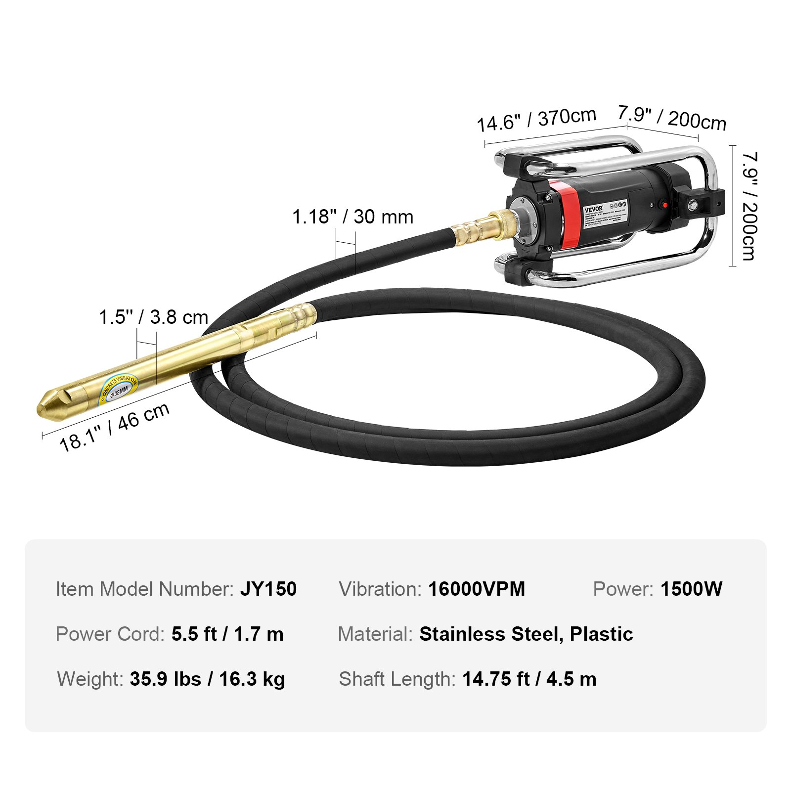 Vibrador eléctrico para hormigón, 1300 W, 16000 VPM | VEVOR