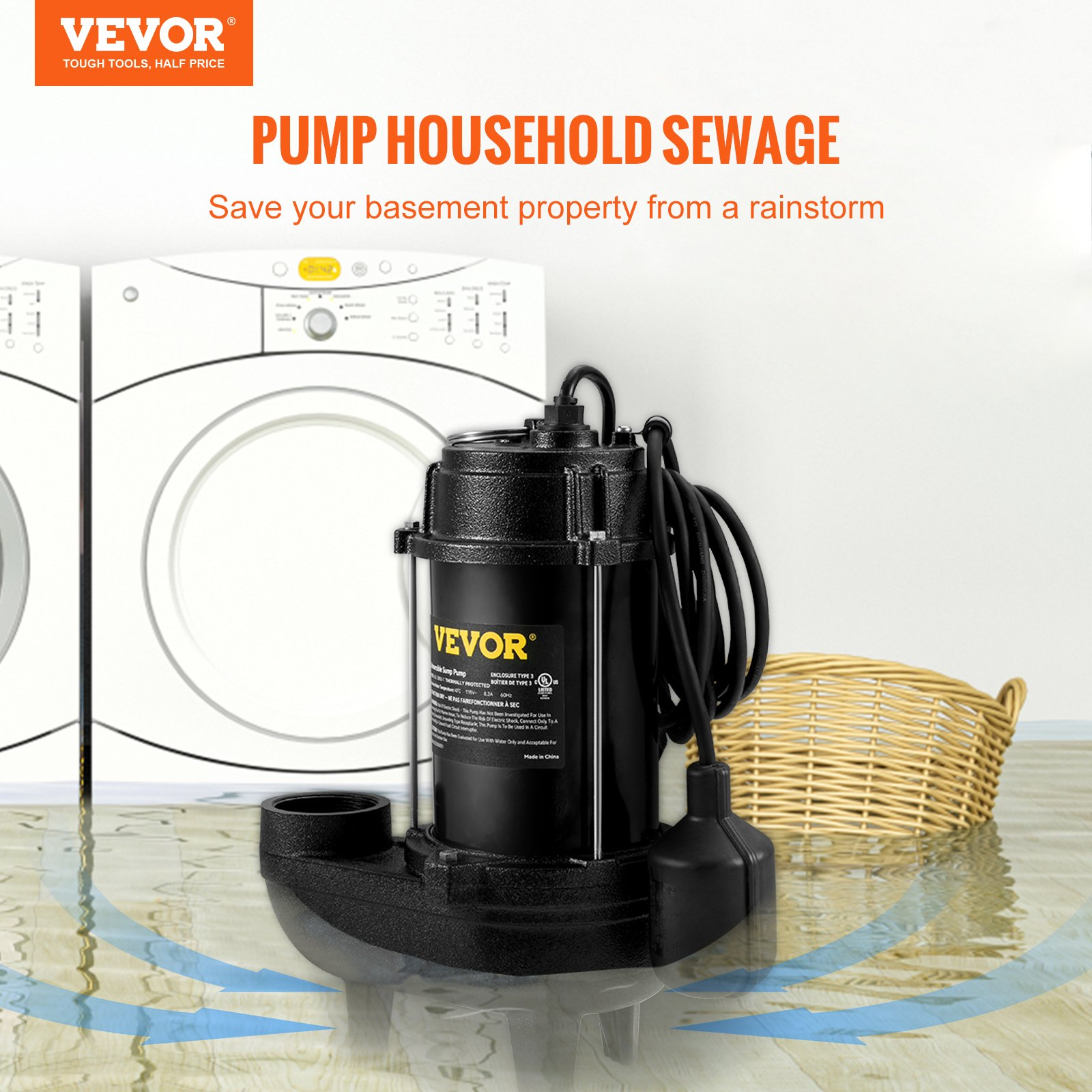 Bomba sumergible para aguas residuales, 3/4 HP | VEVOR