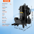 Bomba sumergible para aguas residuales, 3/4 HP | VEVOR