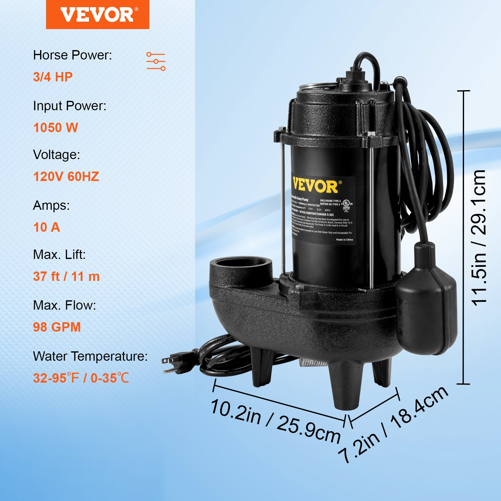 Bomba sumergible para aguas residuales, 3/4 HP | VEVOR