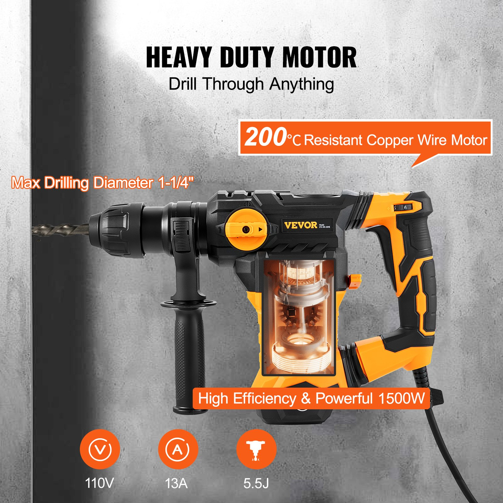 Taladro percutor rotativo de 1-1/4 pulgadas SDS-Plus | VEVOR
