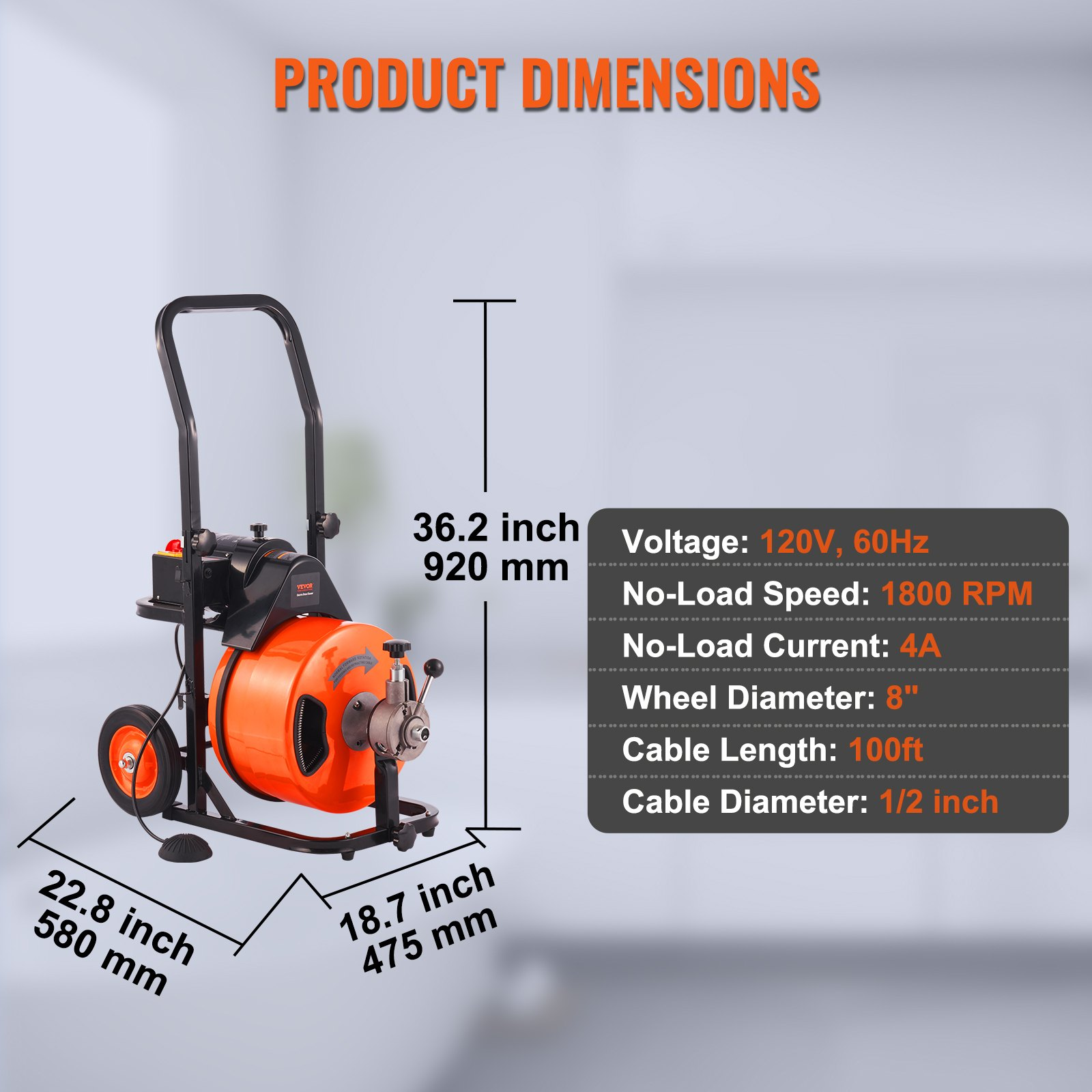 Limpiador de desagües de 30 m - 100 FT x 1/2 Inchcon | VEVOR