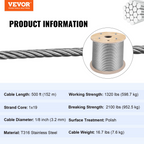 Cable de acero inoxidable 316 de 1/8" 1x19 | VEVOR