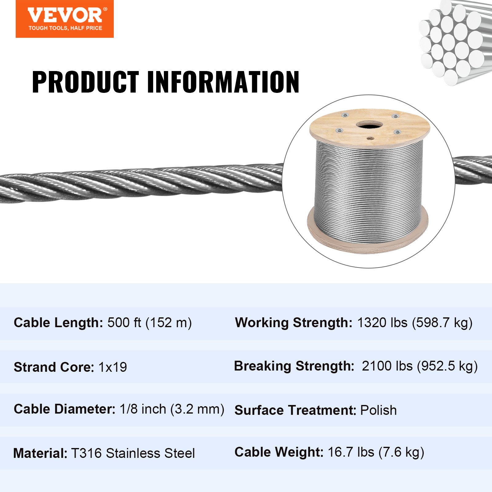 Cable de acero inoxidable 316 de 1/8" 1x19 | VEVOR