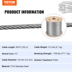 Cable de acero inoxidable T316 de 1/8" 7x7 | VEVOR