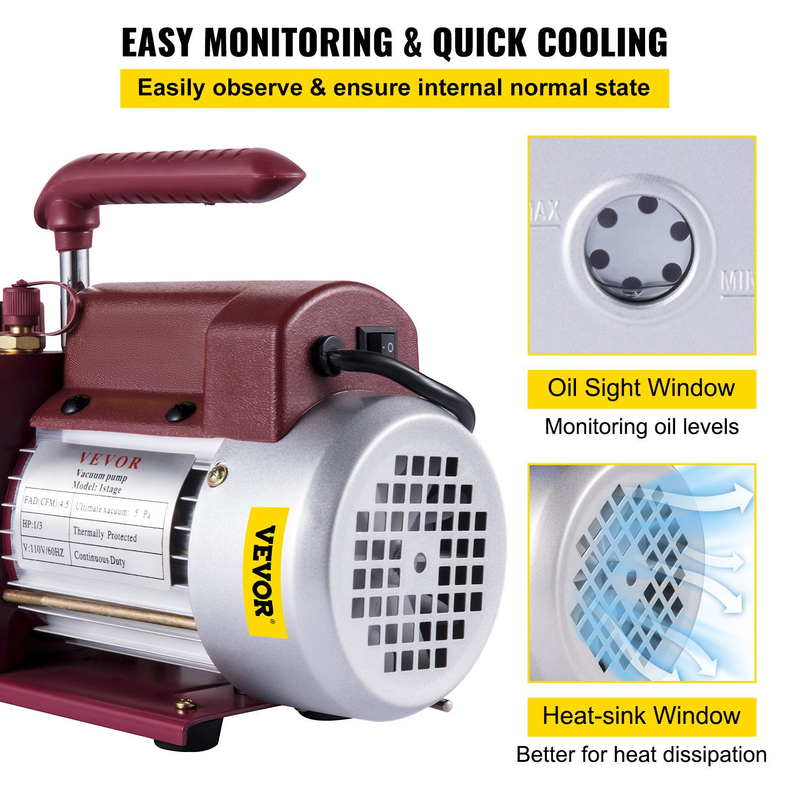 Bomba de vacío de 4, 5 CFM, 1/3 HP, 5 PA