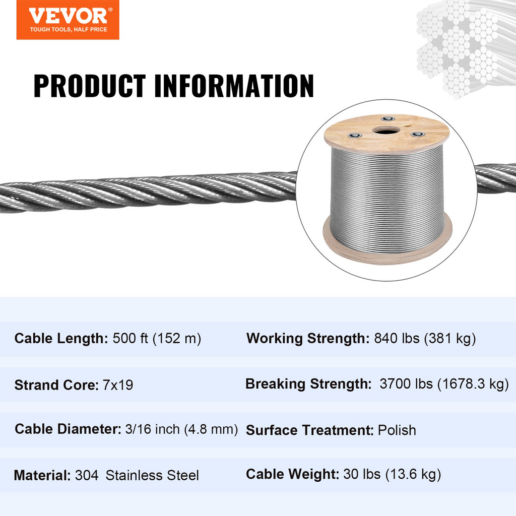 Carrete de cable de acero inoxidable de 3/16 pulgadas | VEVOR