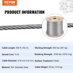 Carrete de cable de acero inoxidable de 3/16 pulgadas | VEVOR