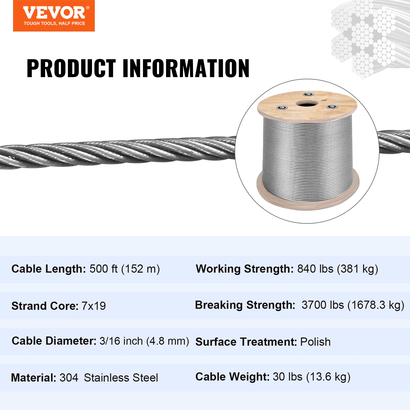 Carrete de cable de acero inoxidable de 3/16 pulgadas | VEVOR