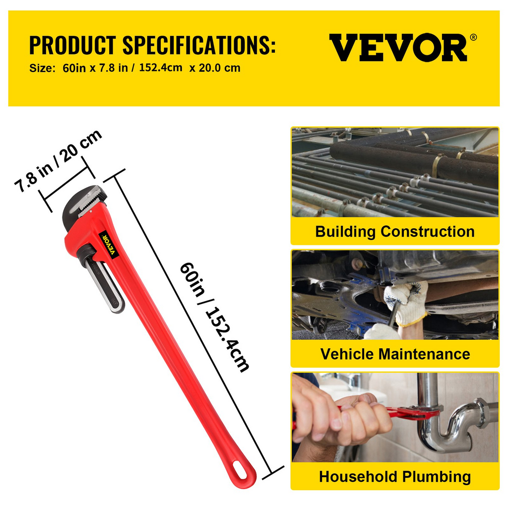 Llave para tubos recta de 51" con mango de hierro fundido | VEVOR