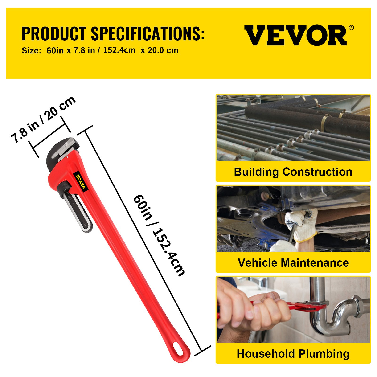 Llave para tubos recta de 51" con mango de hierro fundido | VEVOR