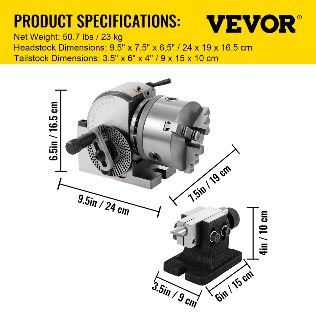 Cabezal divisor BS-0 de 5 pulgadas con mandril | VEVOR