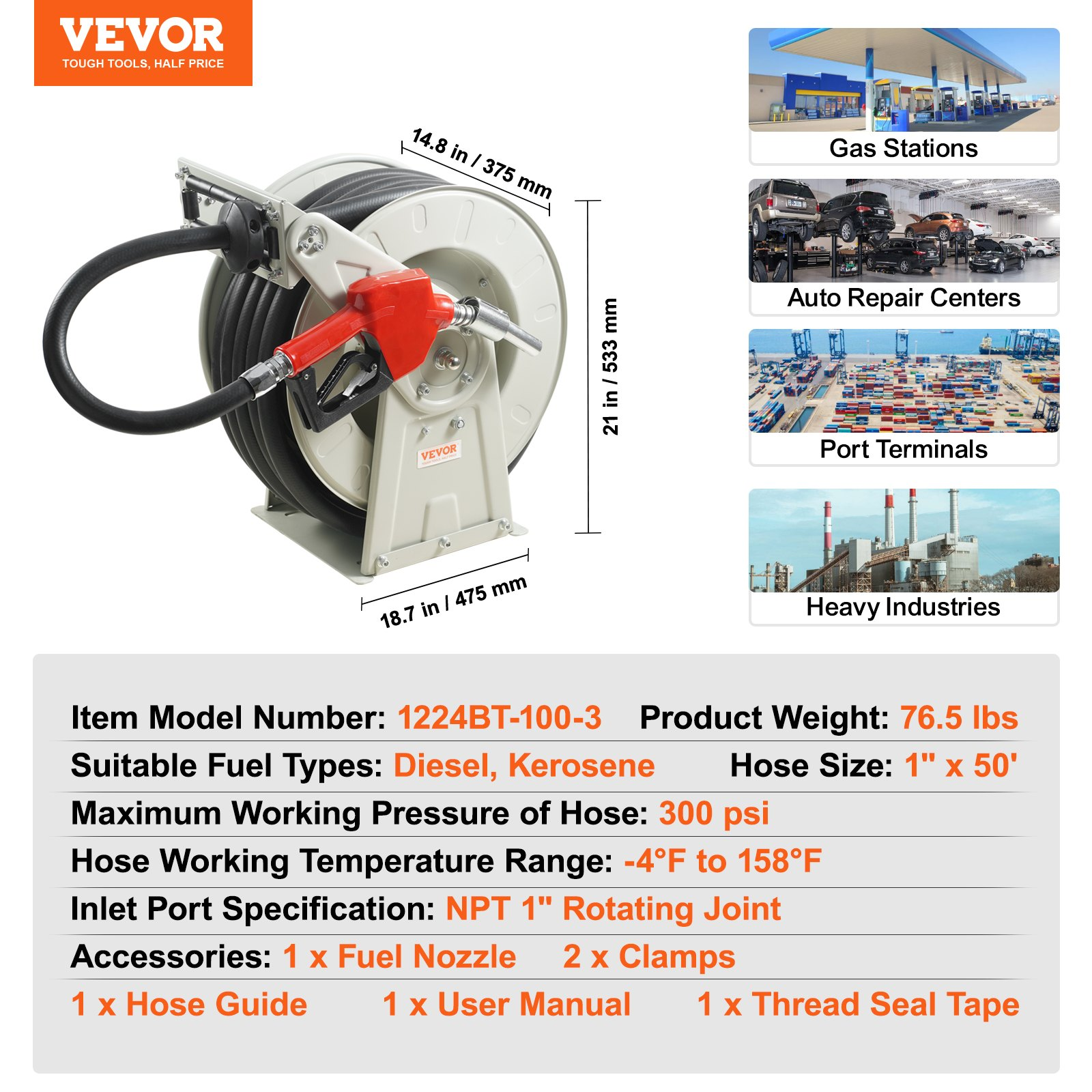 Carrete de manguera de combustible, 1" x 50' | VEVOR