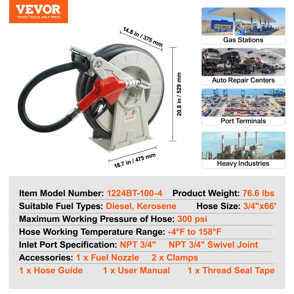 Carrete de manguera de combustible, 19 mm x 19 m | VEVOR