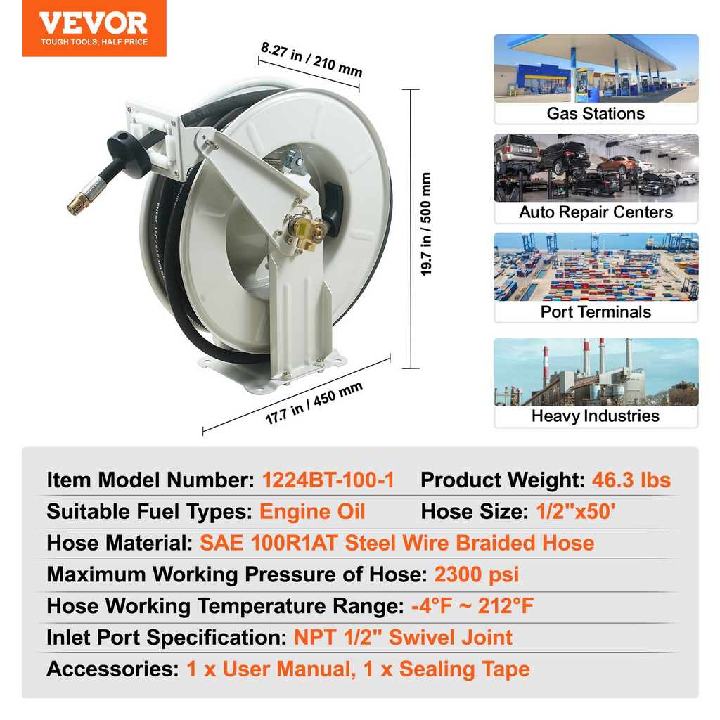 Carrete de manguera de combustible, 1/2" x 50' | VEVOR