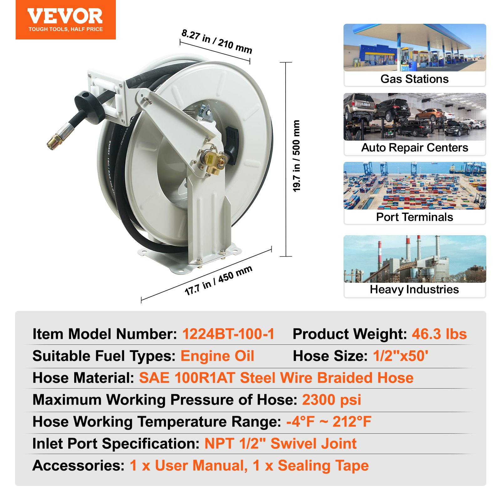 Carrete de manguera de combustible, 1/2" x 50' | VEVOR