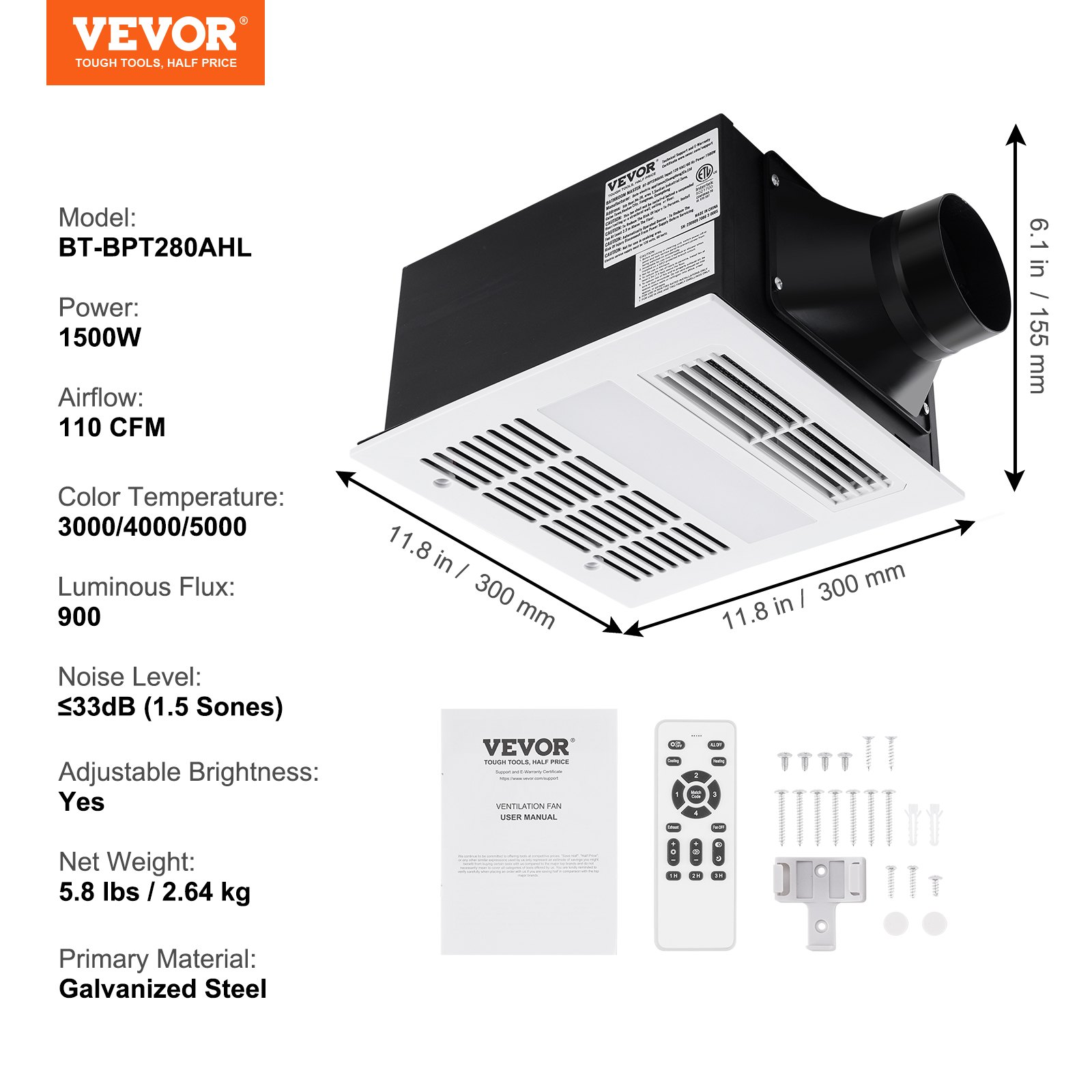 Ventilador extractor de baño, calefacción de 1500 W | VEVOR