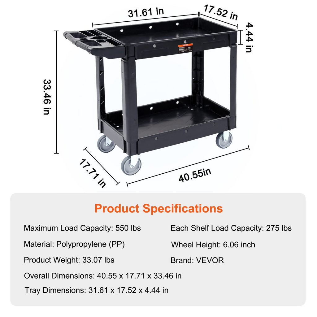 Carro utilitario, 2 estantes, 250 kg (550 lbs) | VEVOR