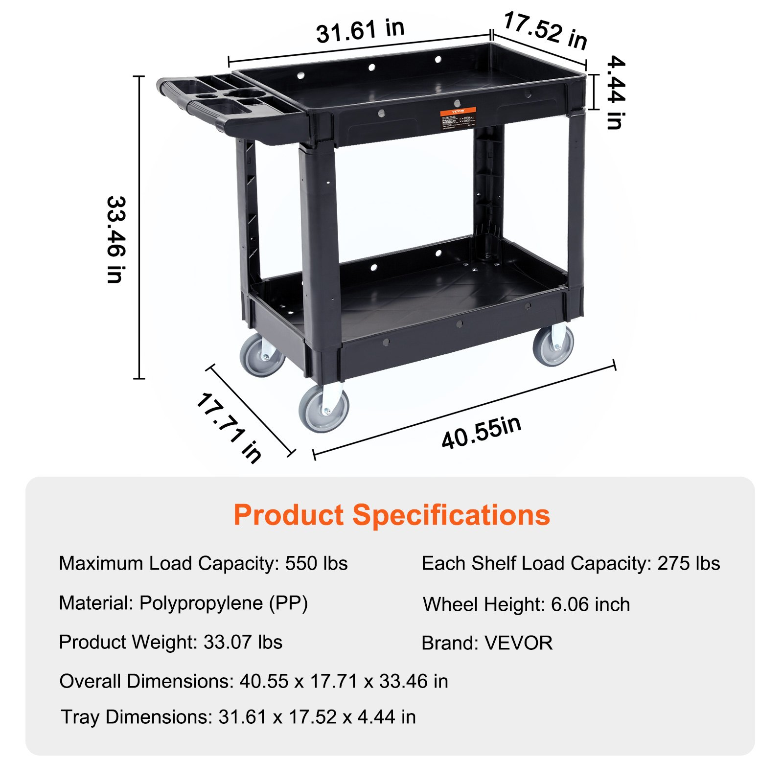 Carro utilitario, 2 estantes, 250 kg (550 lbs) | VEVOR
