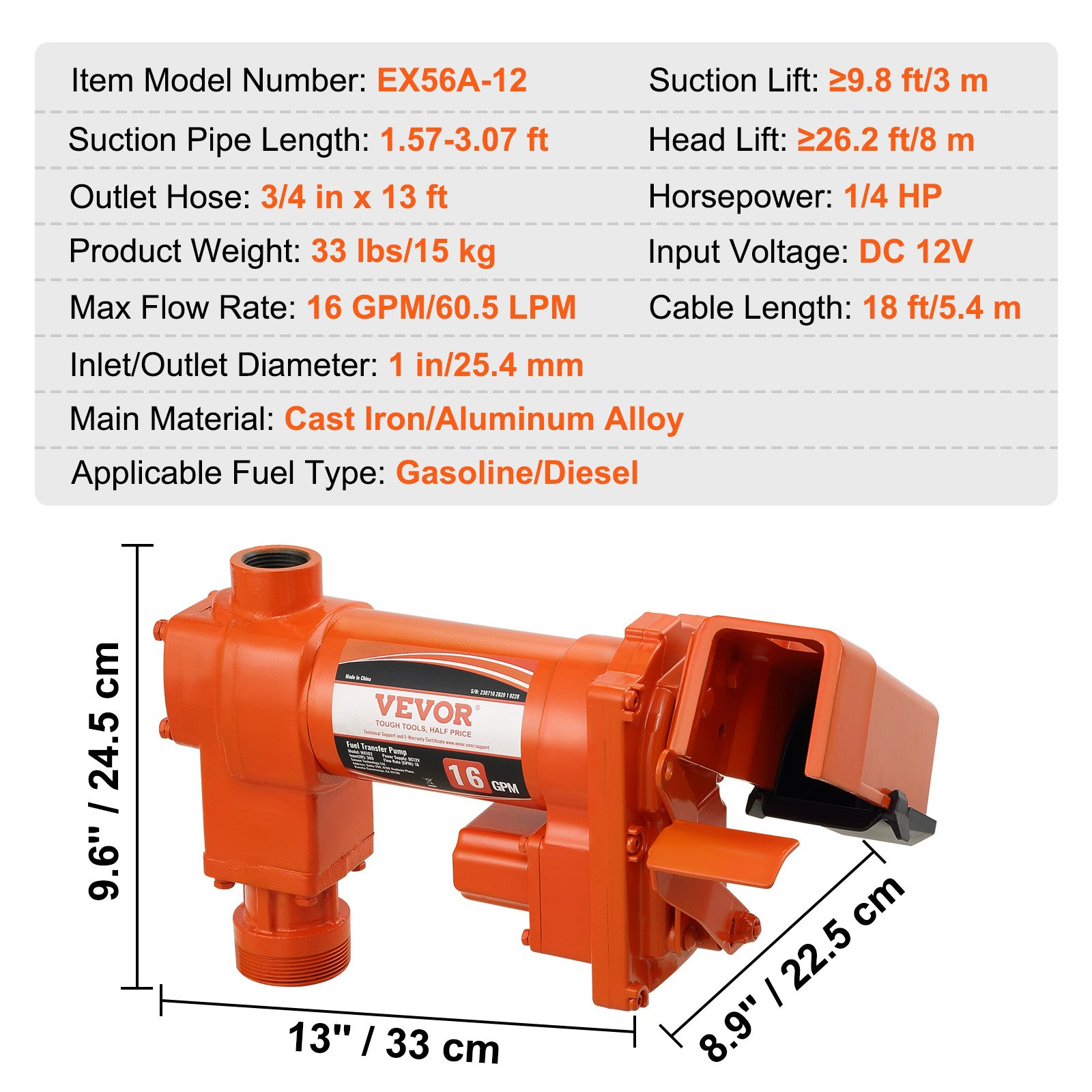 Bomba de transferencia de combustible, 12 V CC | VEVOR