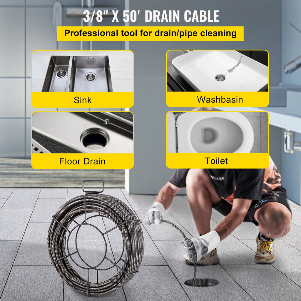 Cable de limpieza de desagües de 50 pies x 3/8 de pulgada | VEVOR