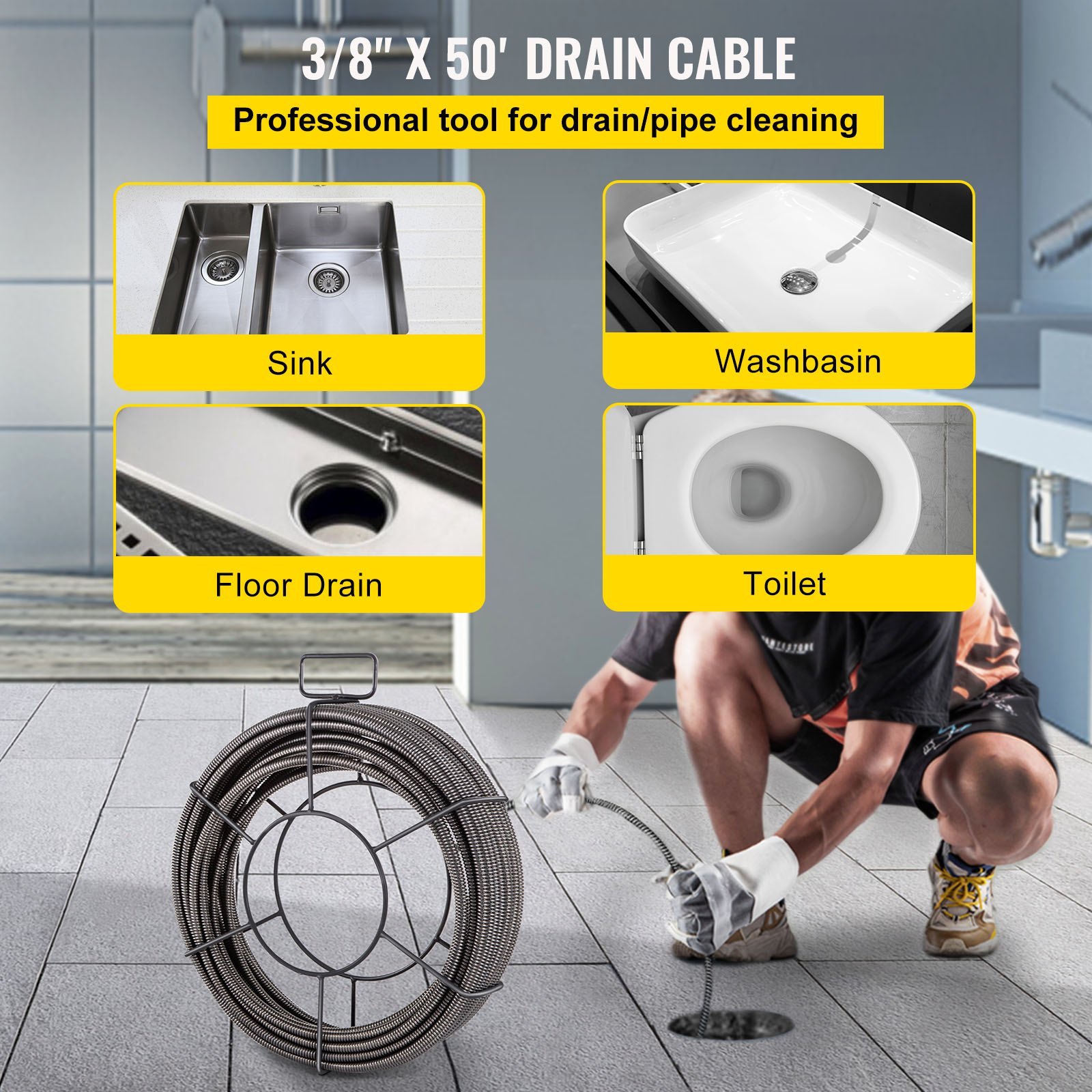 Cable de limpieza de desagües de 50 pies x 3/8 de pulgada | VEVOR