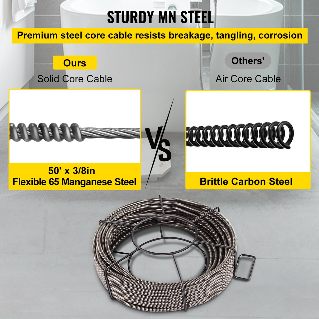 Cable de limpieza de desagües de 50 pies x 3/8 de pulgada | VEVOR