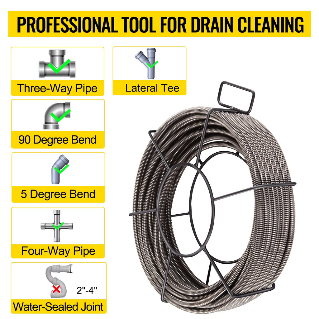 Cable de limpieza de desagües de 30, 5 m x, 9,5 mm | VEVOR