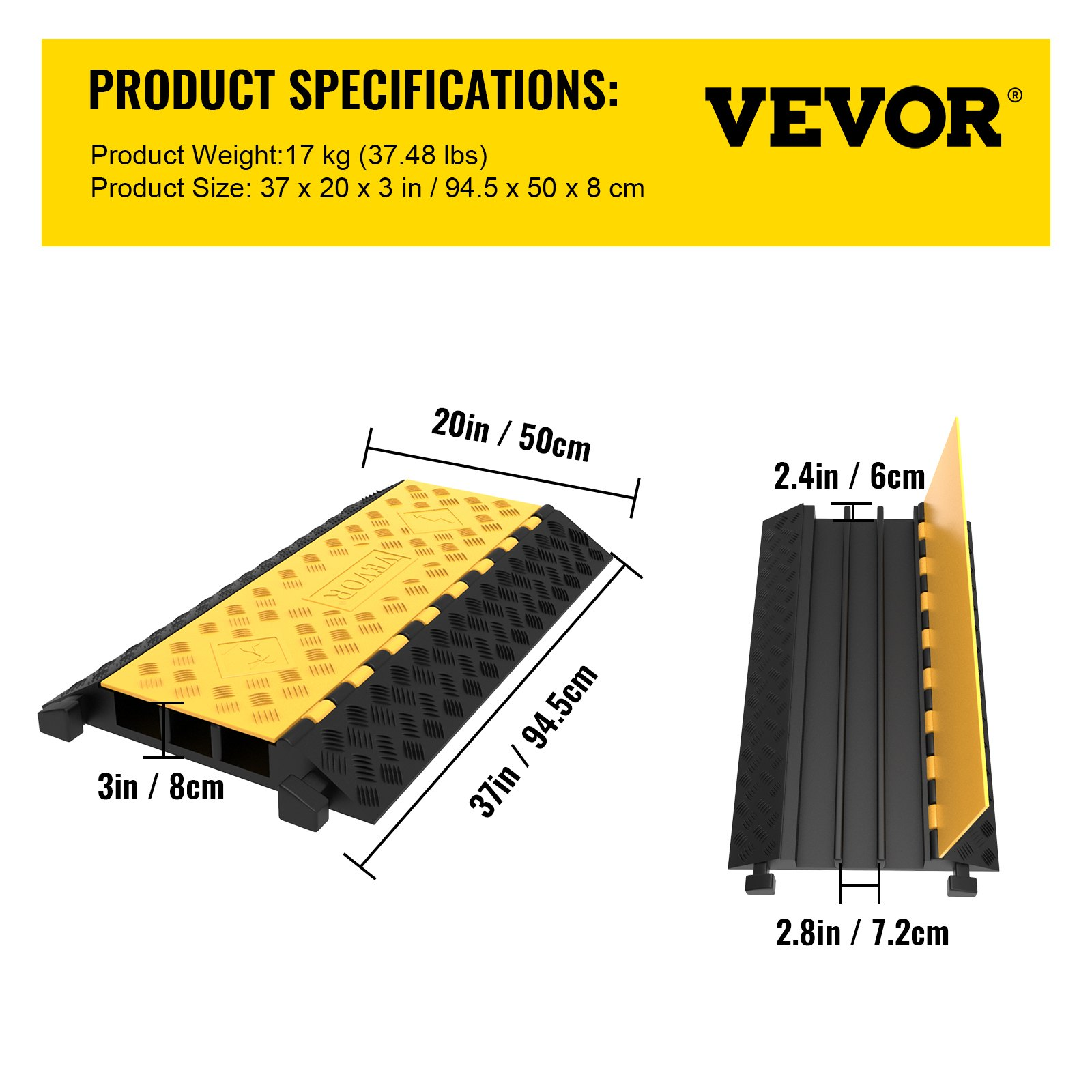 Protector de cables de goma, 3 canales, 2 x | VEVOR