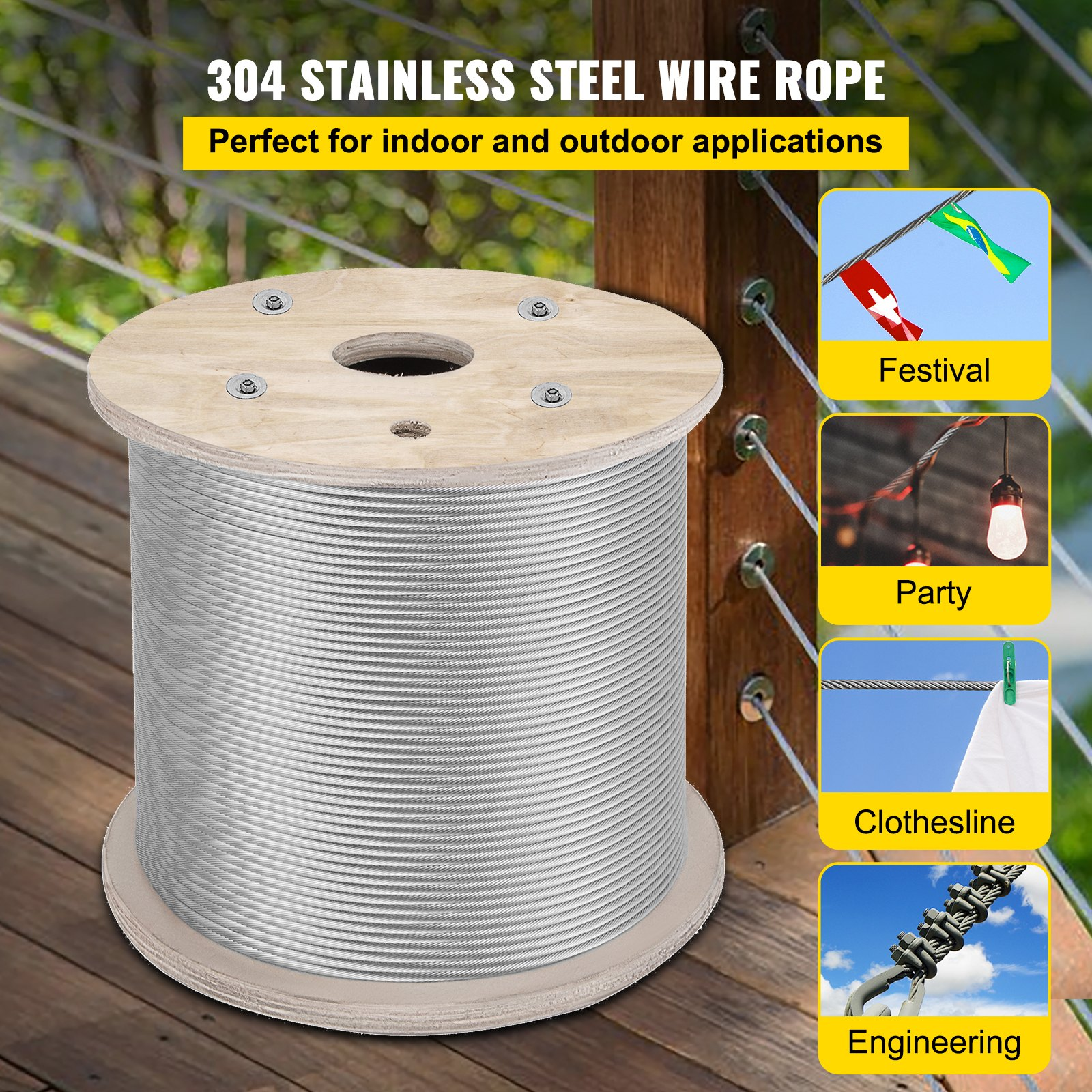 Cable de acero inoxidable de 1/4" y 200 pies | VEVOR
