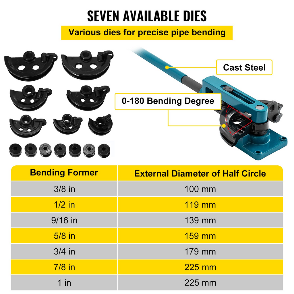 Dobladora de tubos, manual de 3/8" a 1", con 7 matrices | VEVOR