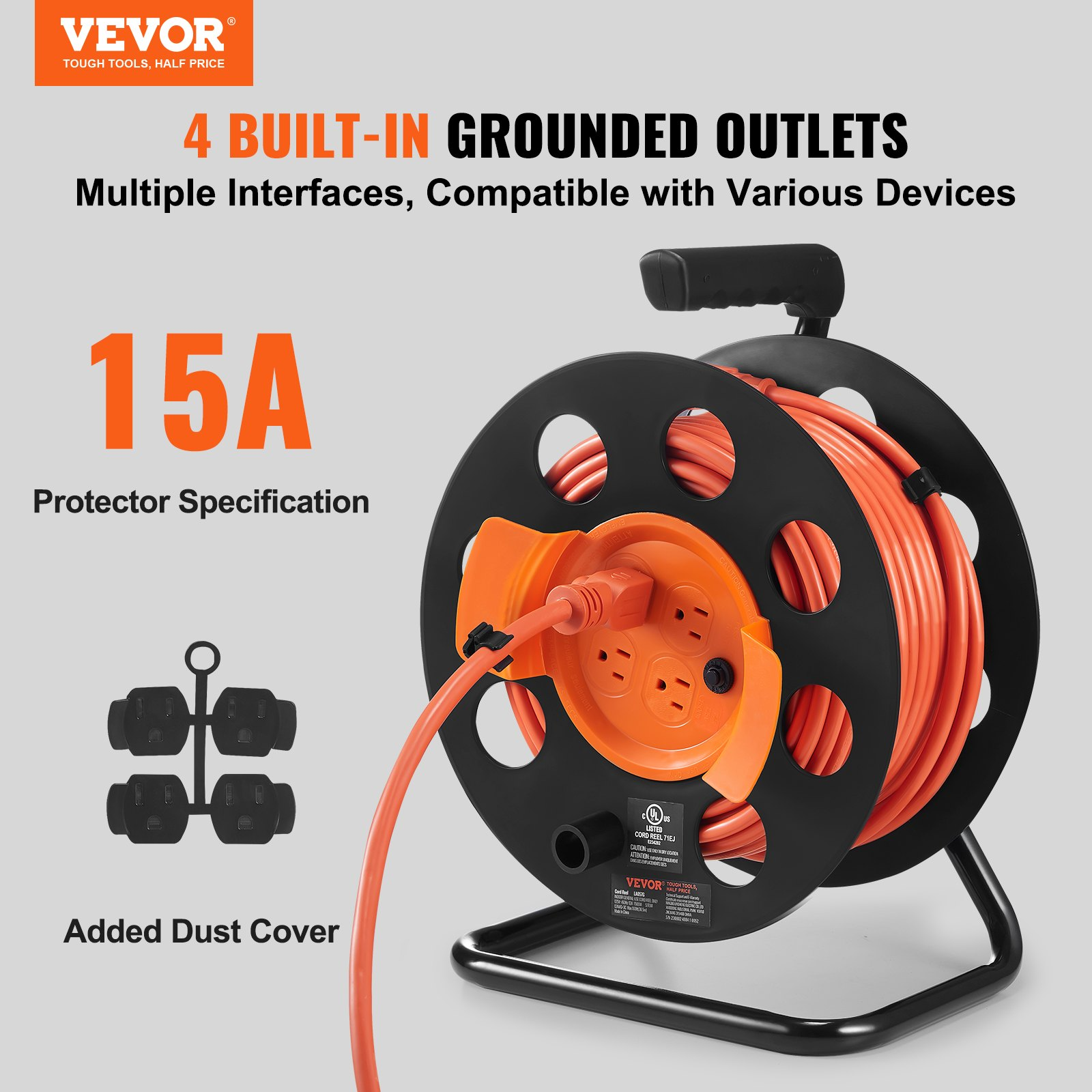Carrete de cable de extensión, 30, 5 metros (100 pies) | VEVOR