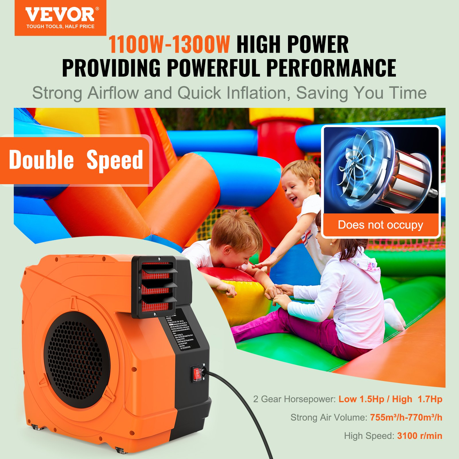 Soplador inflable, 1100 W, 1, 5 y 1, 7 HP | VEVOR