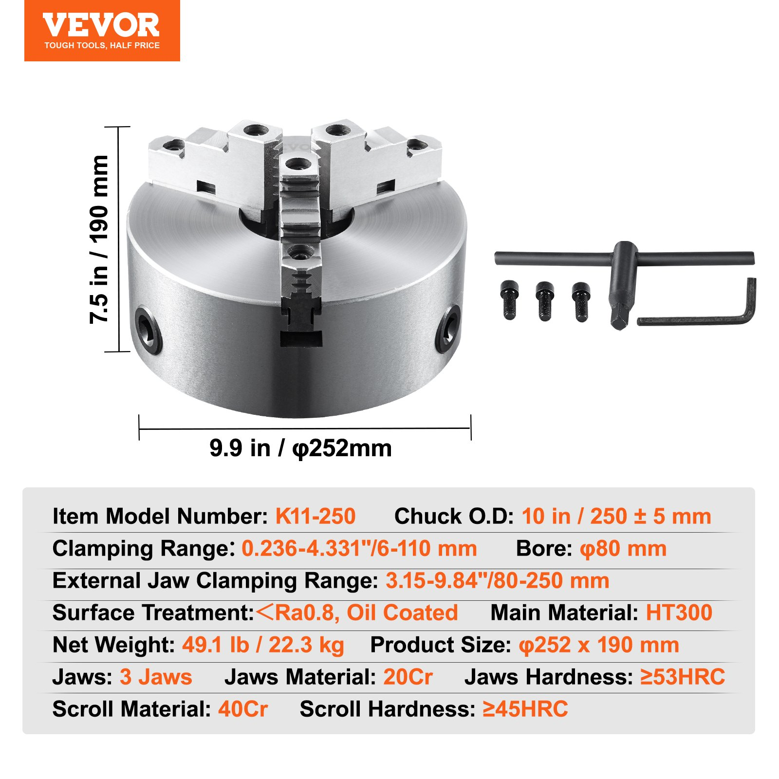 Mandril de torno de 3 mordazas, 10'' | VEVOR