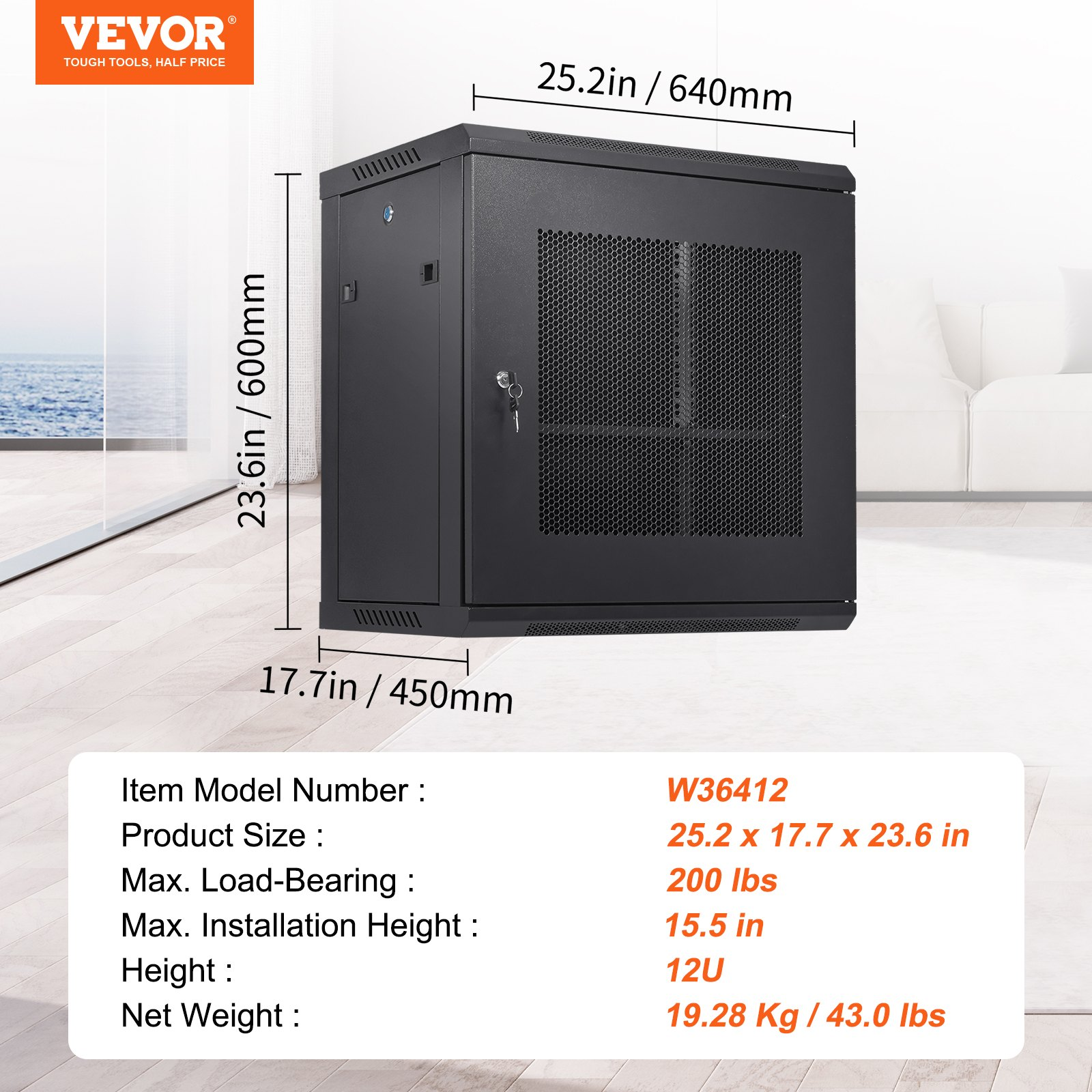 Gabinete para servidor de 12U para montaje en pared | VEVOR