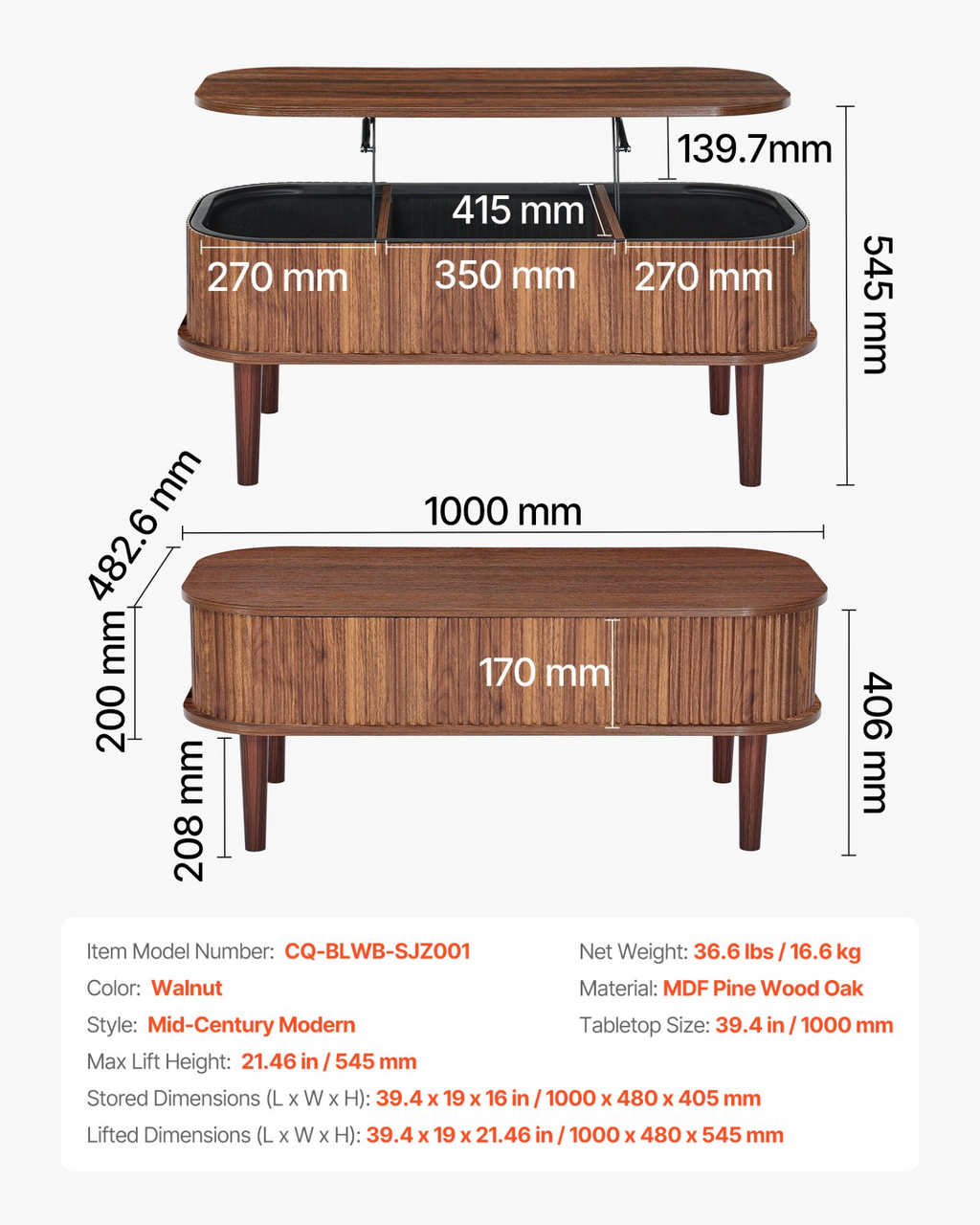 Mesa de centro de 99, 4 cm con tapa elevable | VEVOR