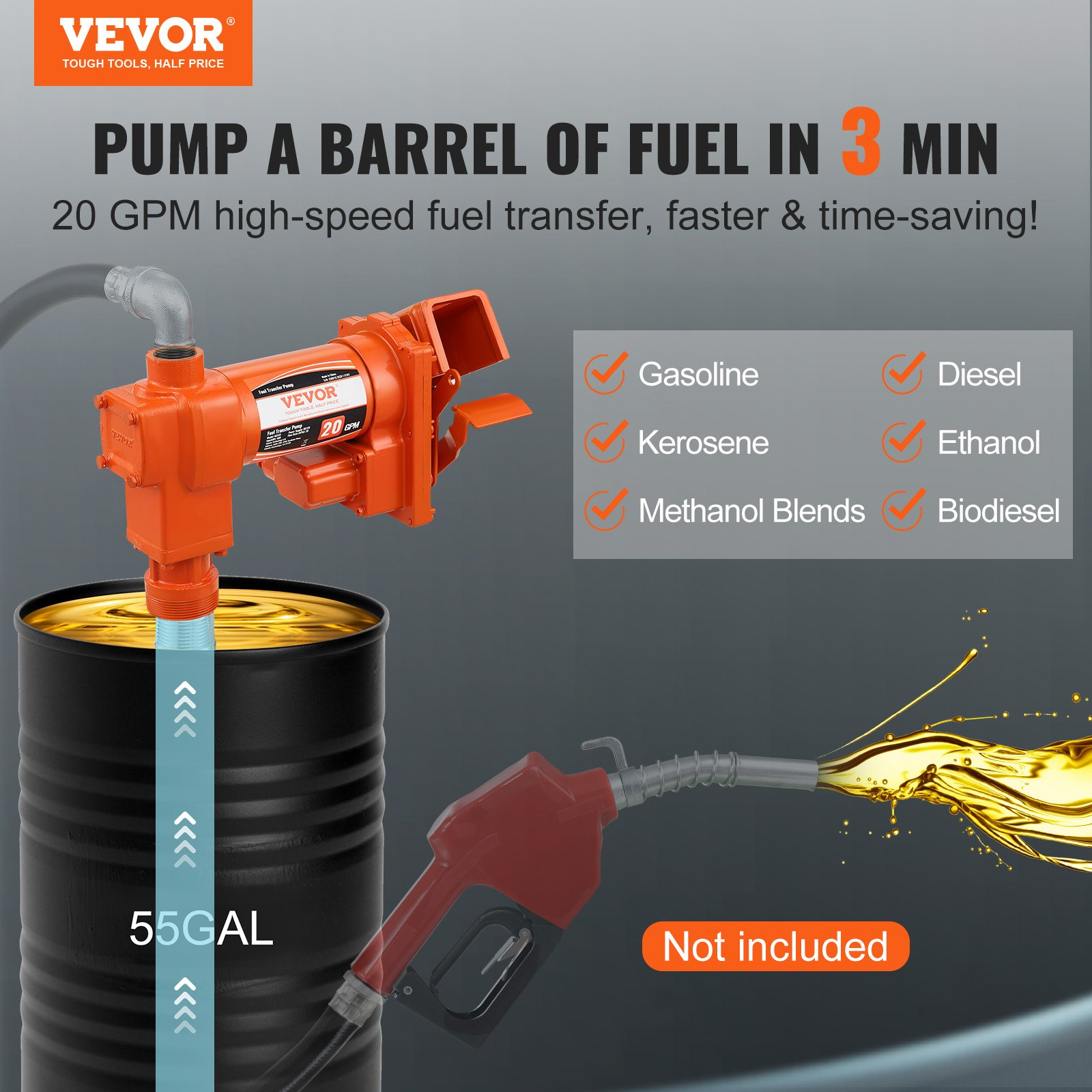 Bomba de transferencia de combustible, 12 V CC, 4 HP | VEVOR