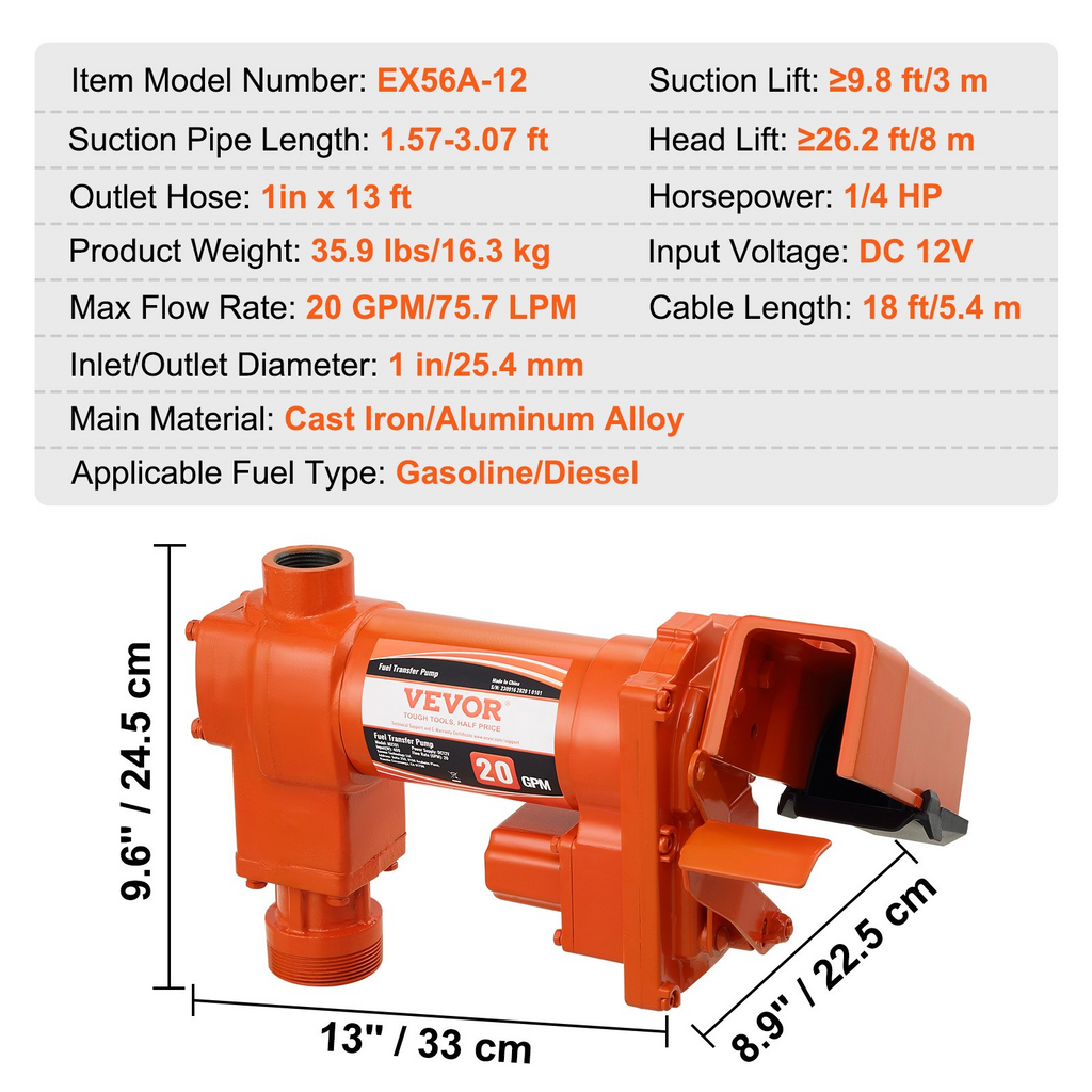 Bomba de transferencia de combustible, 12 V CC, 20 GPM | VEVOR