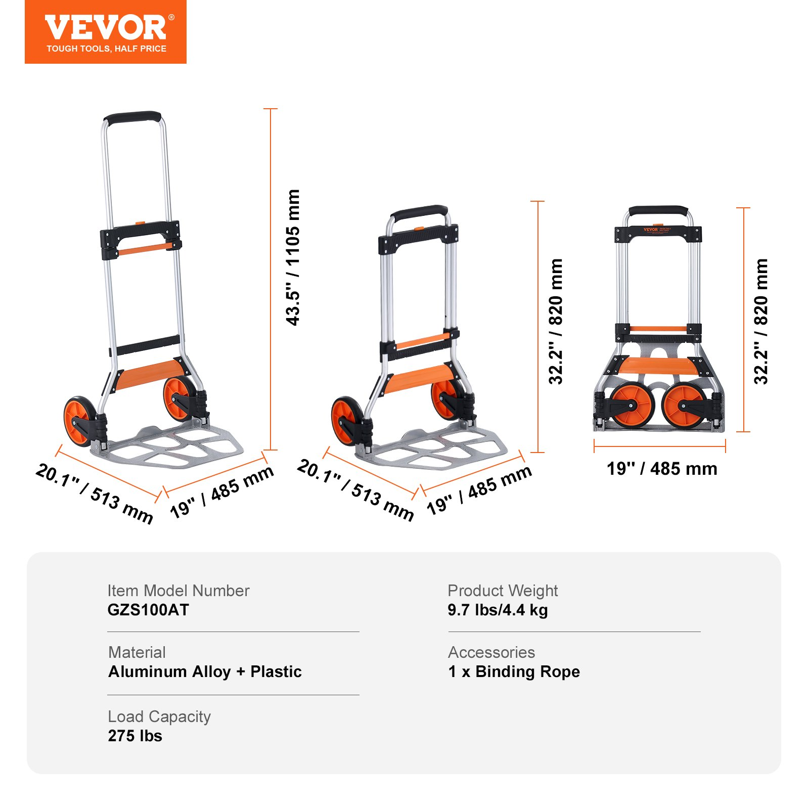 Carretilla plegable, capacidad de carga de 125 kg | VEVOR