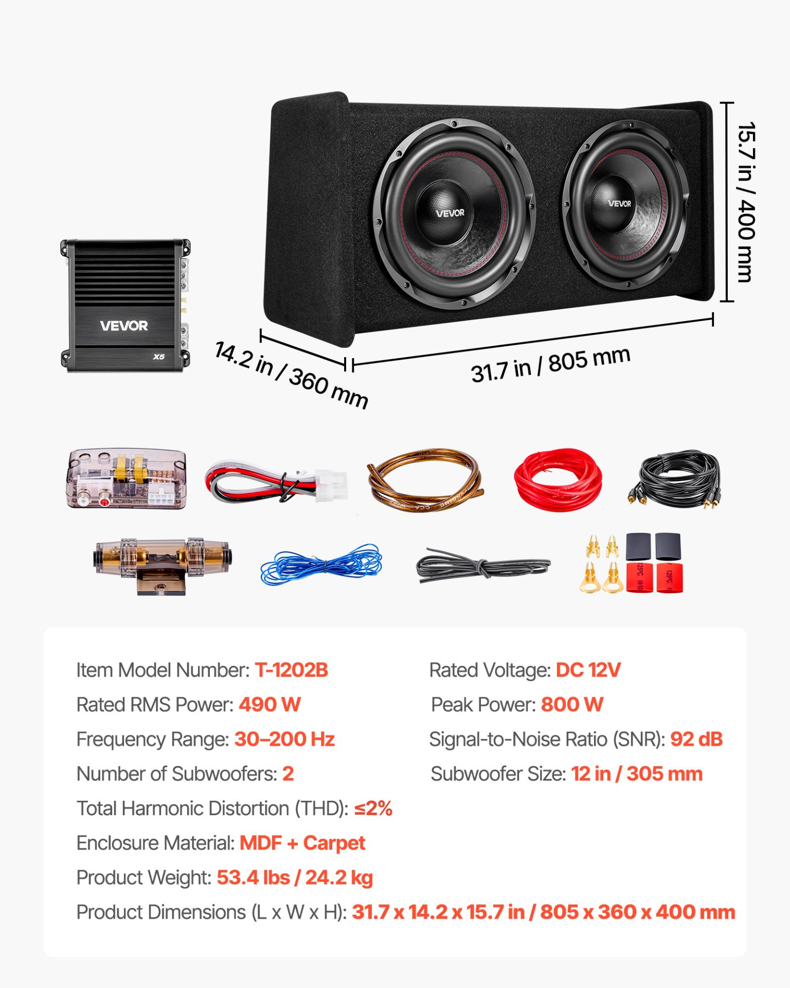 Paquete de subwoofer de 12 pulgadas, 490 W RMS | VEVOR