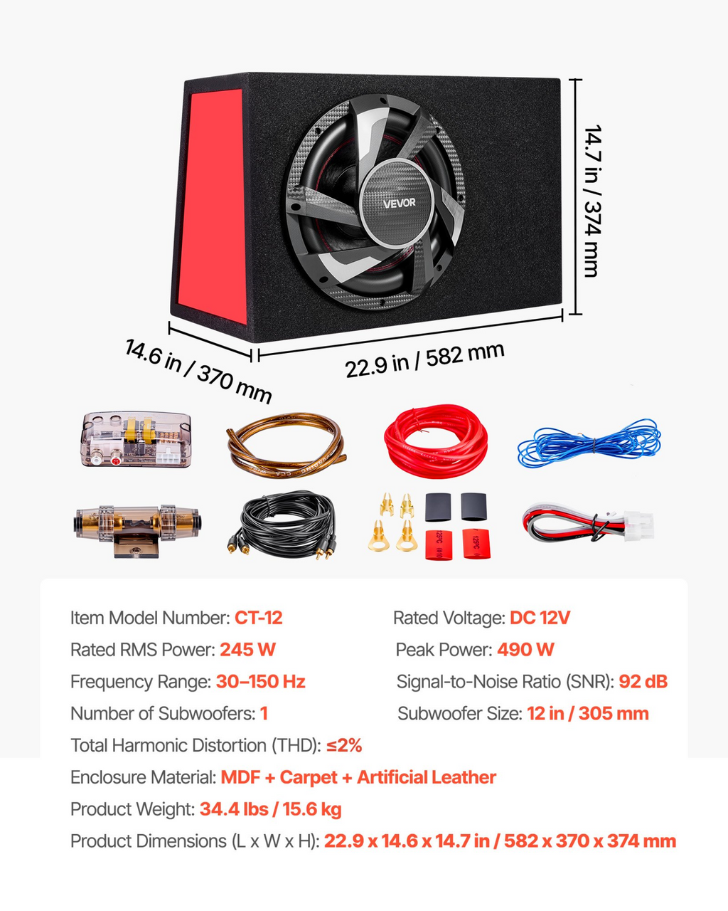 Paquete de subwoofer de 12 pulgadas, 245 W RMS | VEVOR