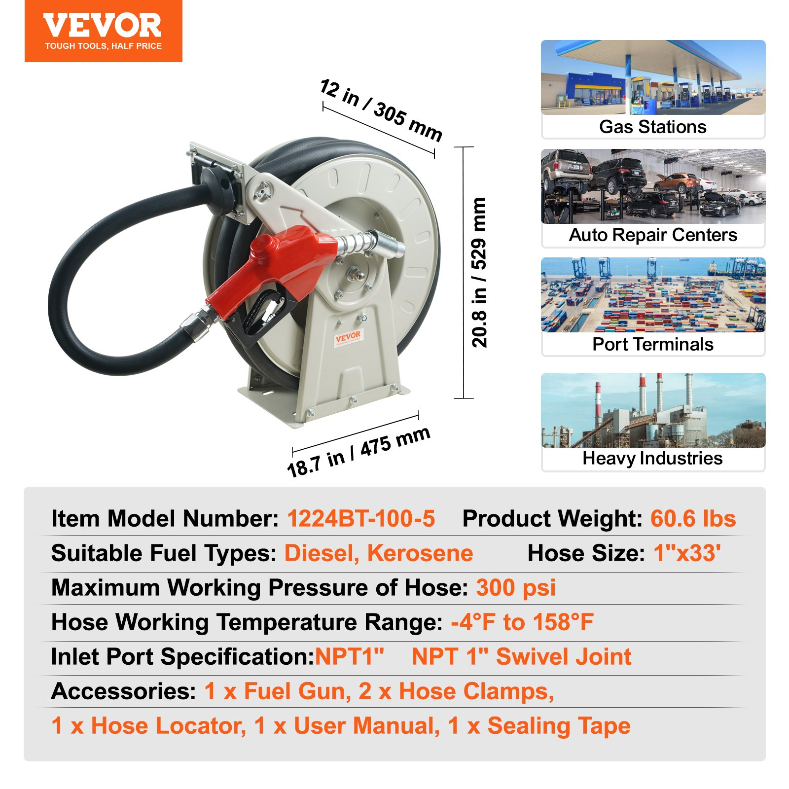 Carrete de manguera de combustible, 2, 54 cm x | VEVOR